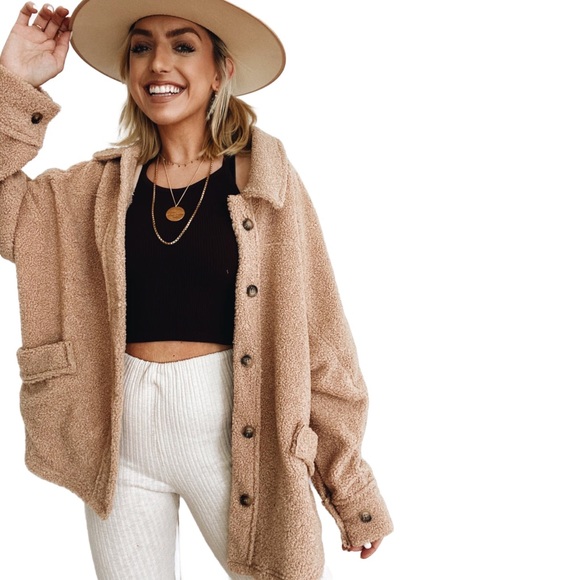 Tan Teddy Sherpa Lightweight Oversized Deep Pocket Warm Shacket Coat Jacket NWT - Picture 5 of 5